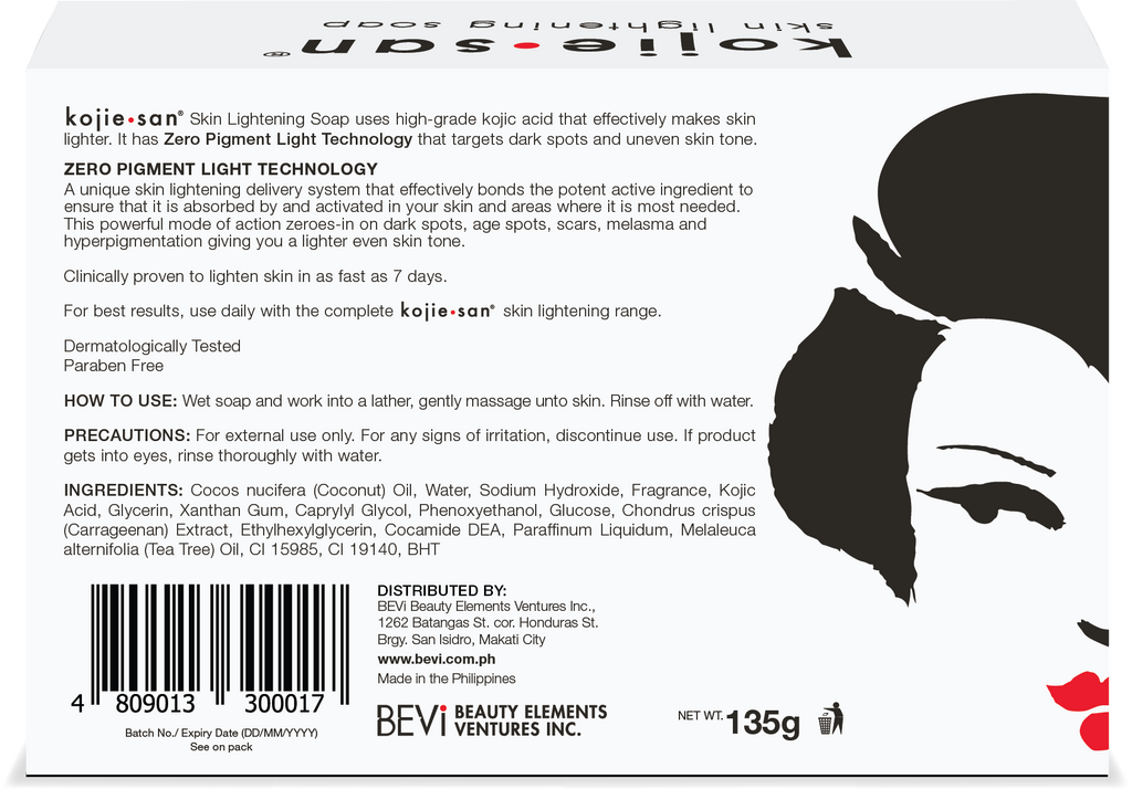 Jabón para piel y cuerpo Kojie San: barra de jabón original con ácido kójico, quitamanchas, aceite de coco y árbol de té (135 g)