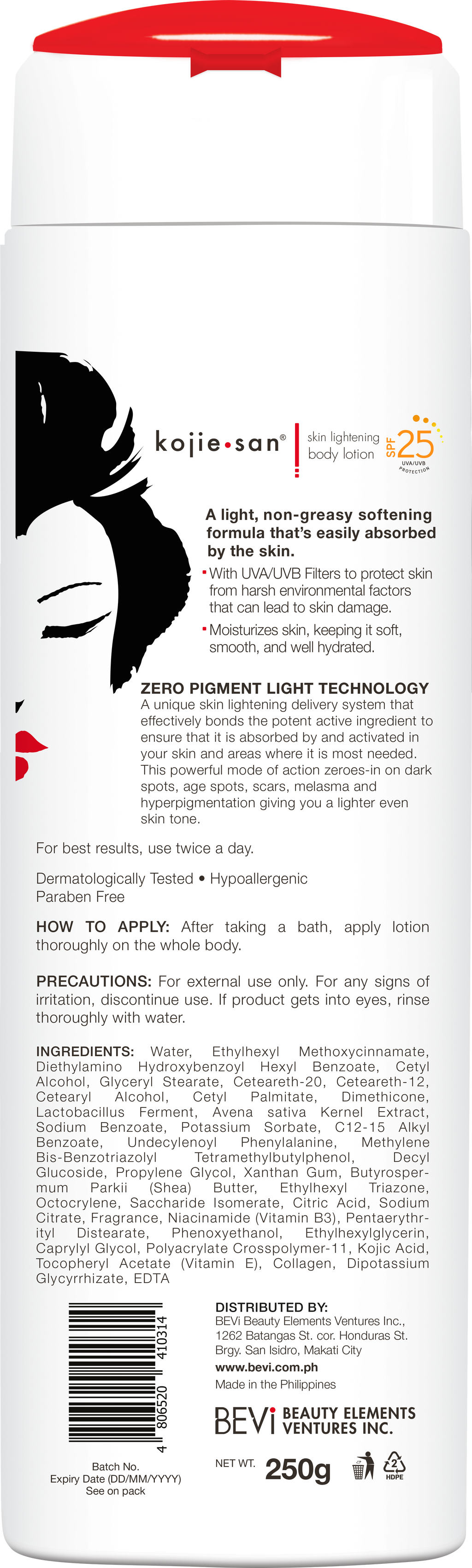 Loción corporal Kojie San Radiance con ingredientes naturales y aceites hidratantes. Suavizante nutritivo para una piel suave y uniforme. Botella de 250 ml.