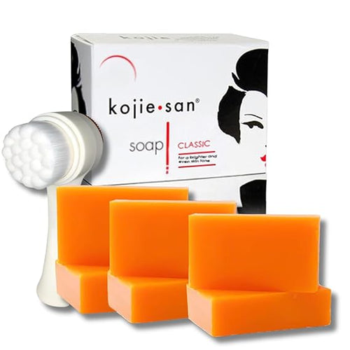 KOJIE SAN FACE & BODY SOAP (6 Bars) + Relumins Deep Pore Facial Cleansing Brush - Fair & Glowing Skin Brightening Kojic Acid 